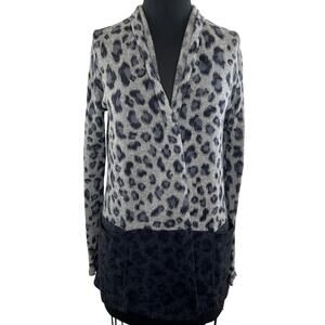White + Warren Gray Black Leopard Print Open Front Cashmere Sweater Top Size XS